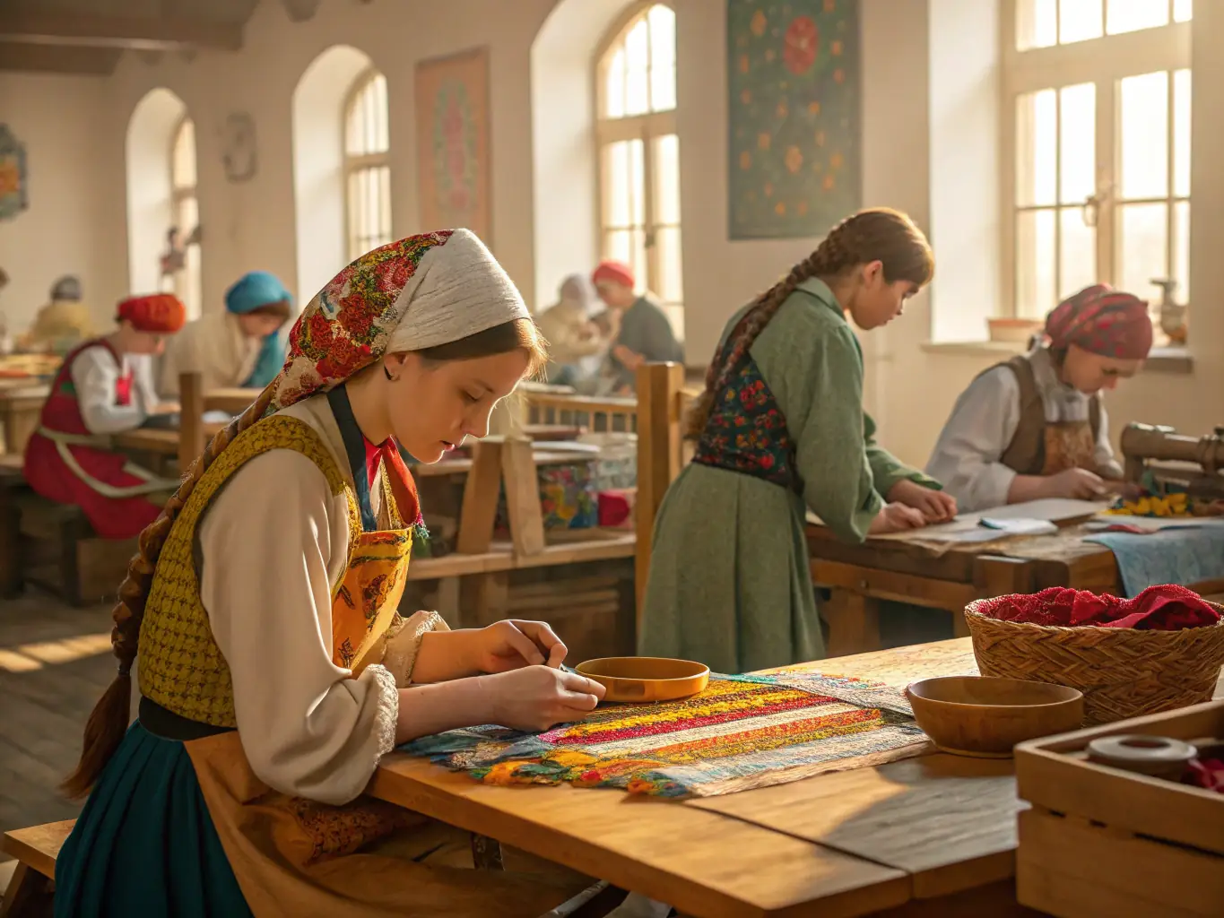 A vibrant image of a local history workshop, where participants are learning about traditional crafts and historical research methods.